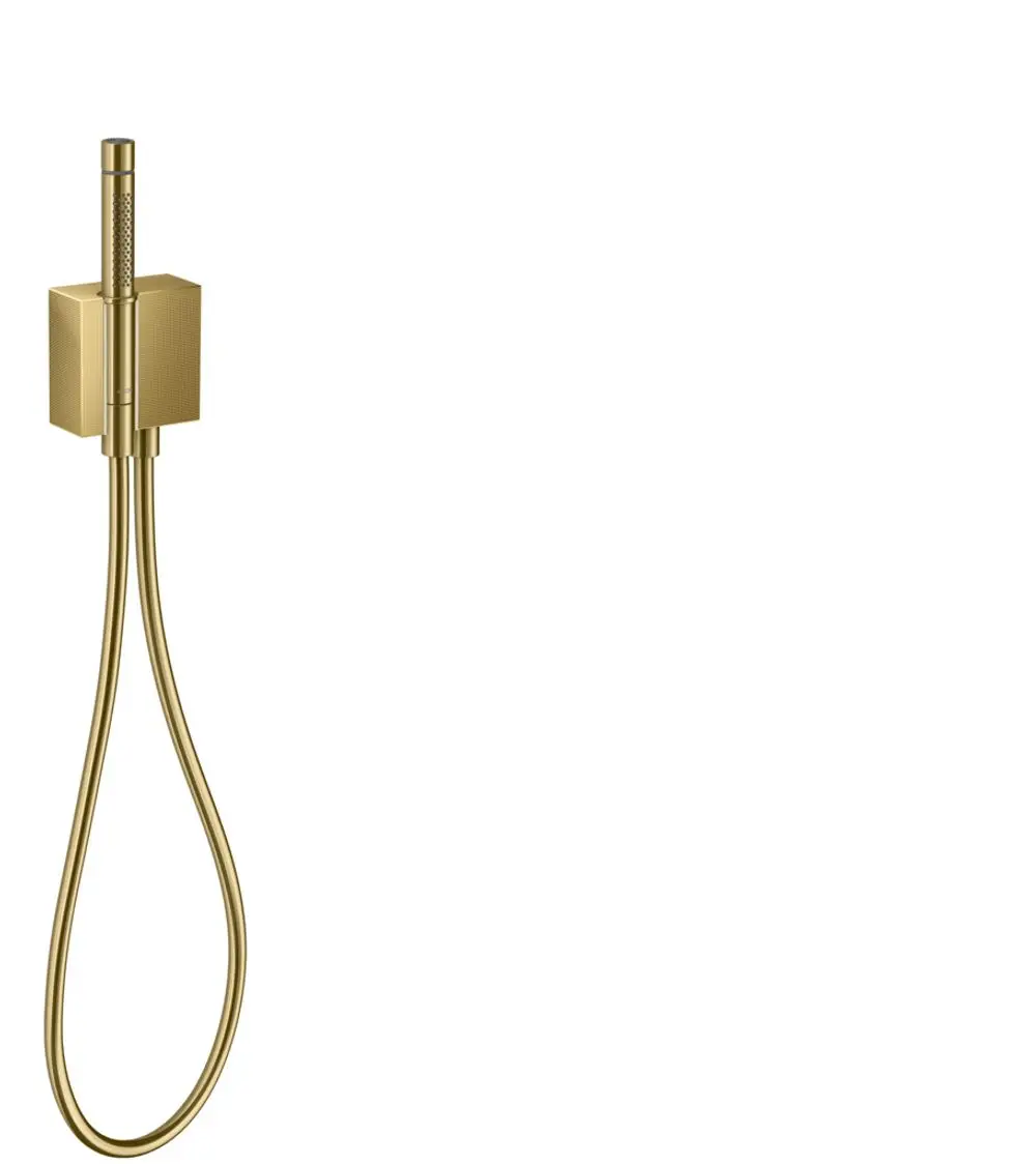 Stabhandbrause mit flexibler Anschlussschlauch und Wandhalterung in polierter Gold-Optik, produziert von AXOR.